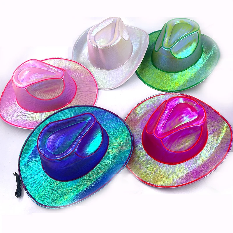 1Set Fashion EL Neon Light Cowgirl Hat with Square Scarf LED Glow Pink Cowboy Hat for Bachelorette Wedding Women Party Supplies view 4