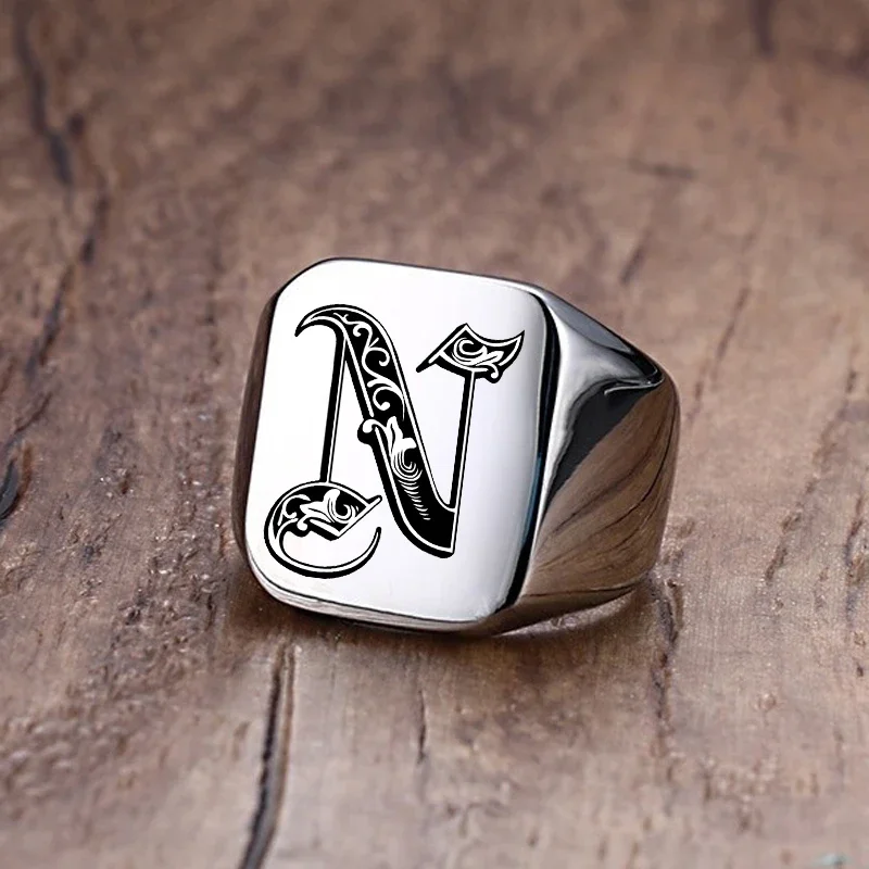 Gothic Punk Stainless Steel Retro Initial Rings for Men Gift  Male Letter Stamp Jewelry Gift Anillos Mujer Fashion 2025