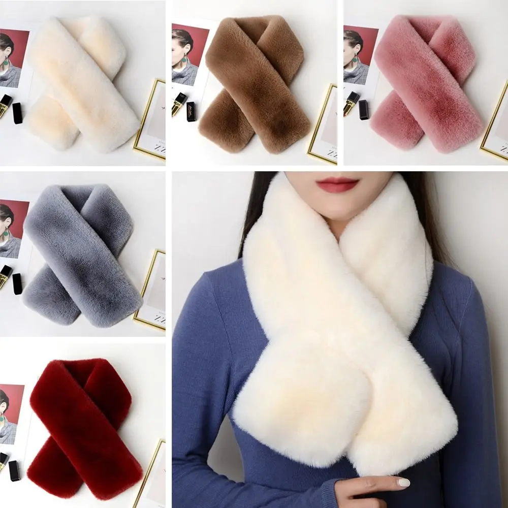 Winter Warm Solid Color Cross Scarf Thicken Faux Rabbit Fur Neckerchief Wrap Faux Rabbit Fur Scarf Girls