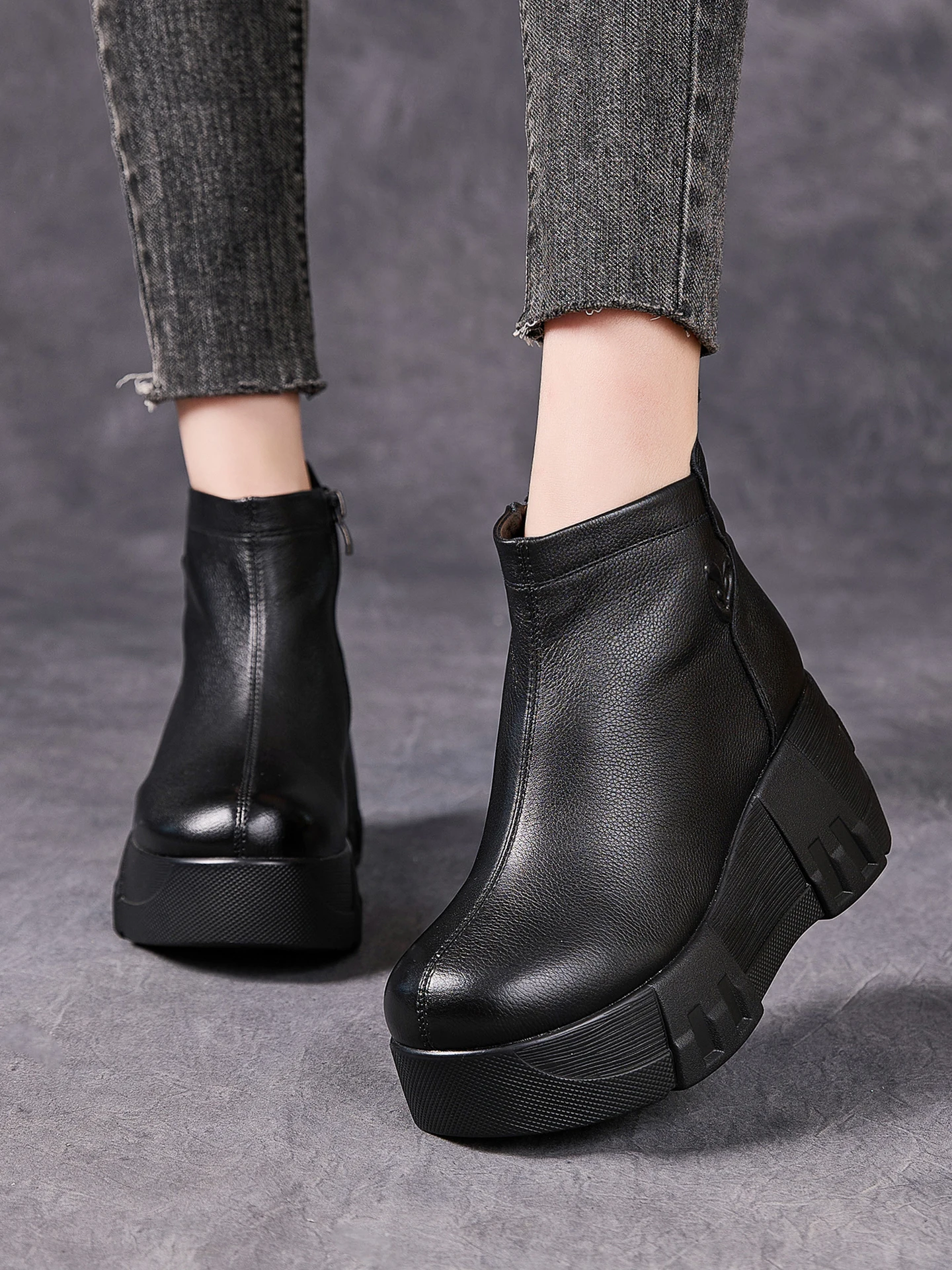 Birkuir Retro Wedges Women Ankle Boots 7cm High Heel Shoes Luxury Thick Heel Boots Side Zippers Genuine Leather Short Boots