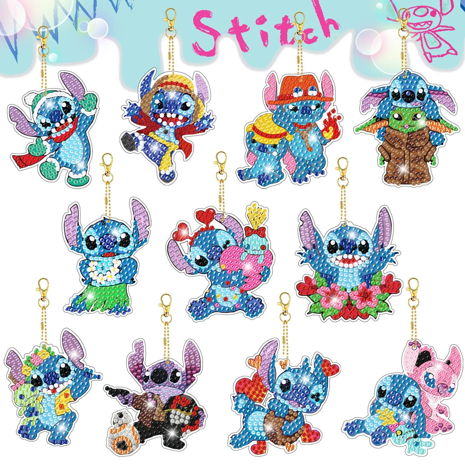 Nieuwe diamant geschilderde sleutelhanger Cartoon Stitch Series dubbelzijdig gestippelde diamanten tas decoratieve hanger