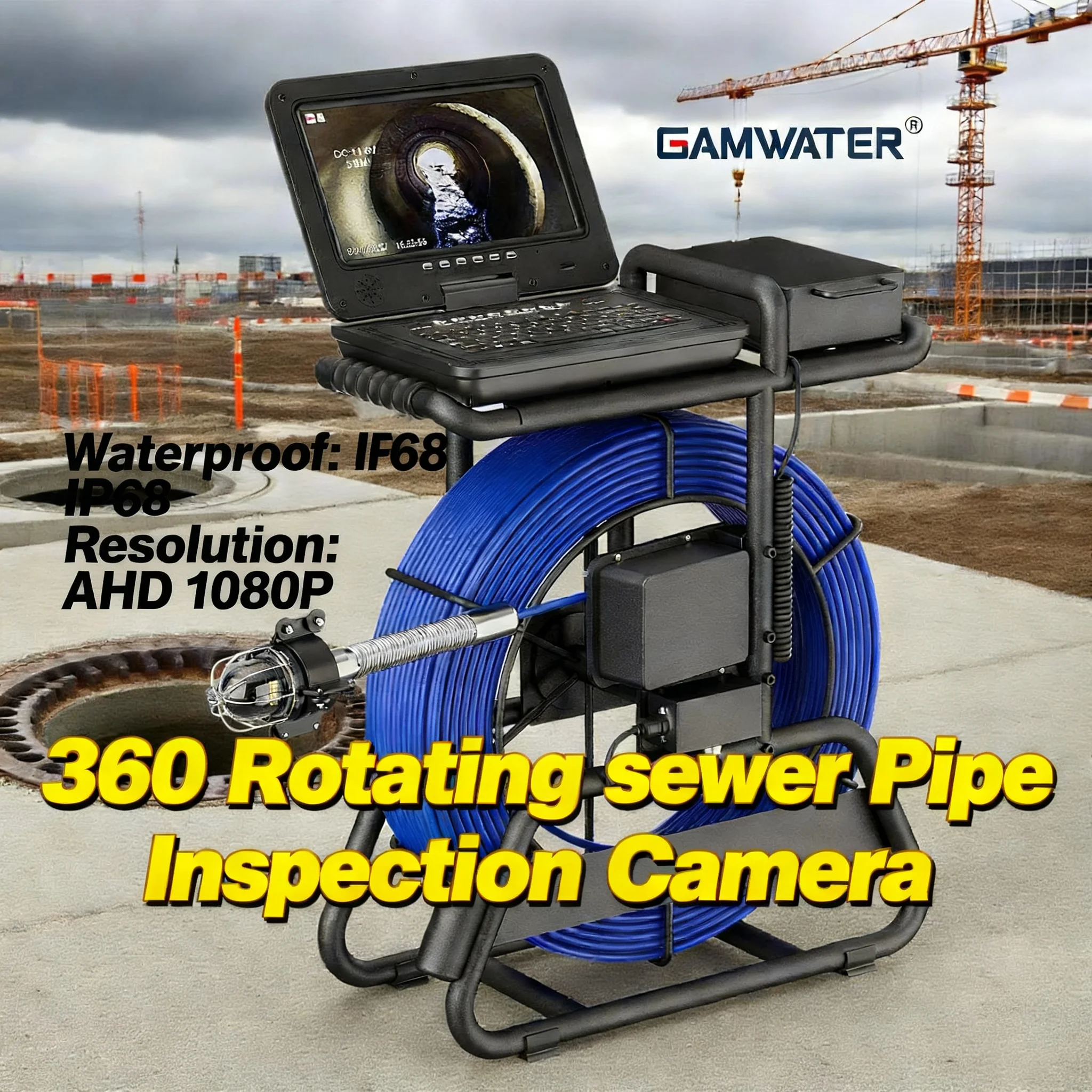 Caméra endoscopique rotative à 360° pour égouts, étanche IP68, AHD 1080P avec 12 LED lumineuses, batterie 4500 mAh, compteur et clavier, tube en fibre haute intensité et zoom 5X, vidéo et audio.