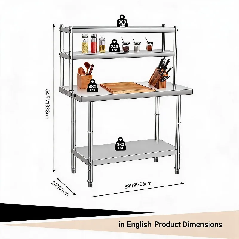 Commercial Stainless Steel Prep Table with Adjustable Shelves and Side Hooks, 39