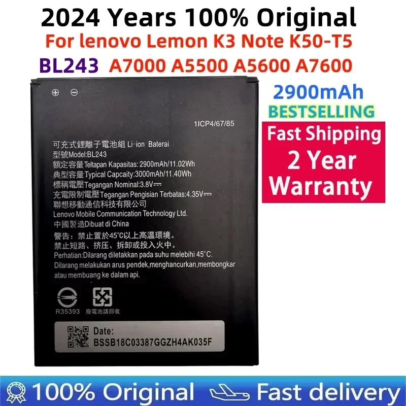 

100% Original Backup 2900mAh BL243 Mobile Phone Battery For Lenovo K3 Note K50-T5 A7000 A5500 A5600 A7600 Battery