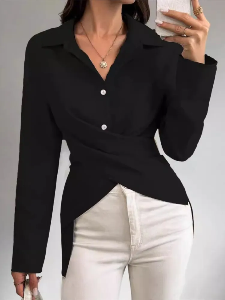 Elegant Fashion Long Sleeve Solid Shirt Women 2024 Autumn Lapel Buttons Cross Top Femme Office Women\'s Tops & Blouses Shirts