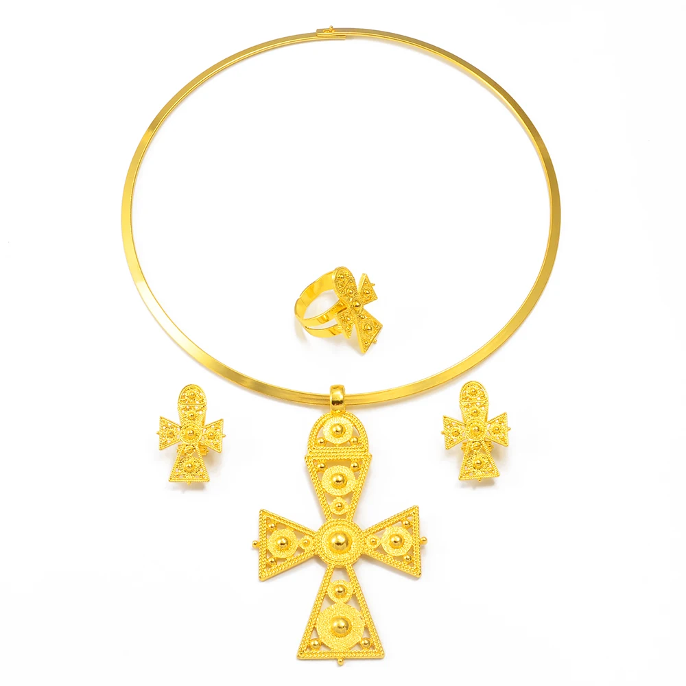 Anniyo Ethiopian Big Cross Jewelry Sets Chokers Pendant Earrings Ring Gold Color African Eritrea Traditional Wedding #333606