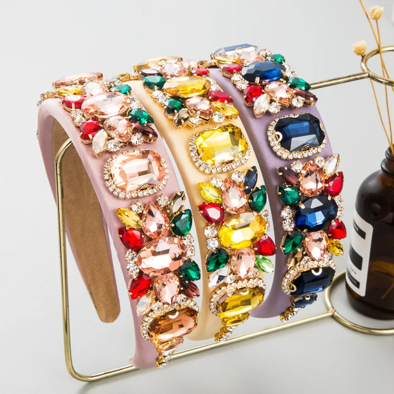 

Повязка на голову Heming в стиле барокко с широким краем, инкрустированная цветными стразами, тканевая повязка на голову, элегантный головной убор, аксессуары для волос.