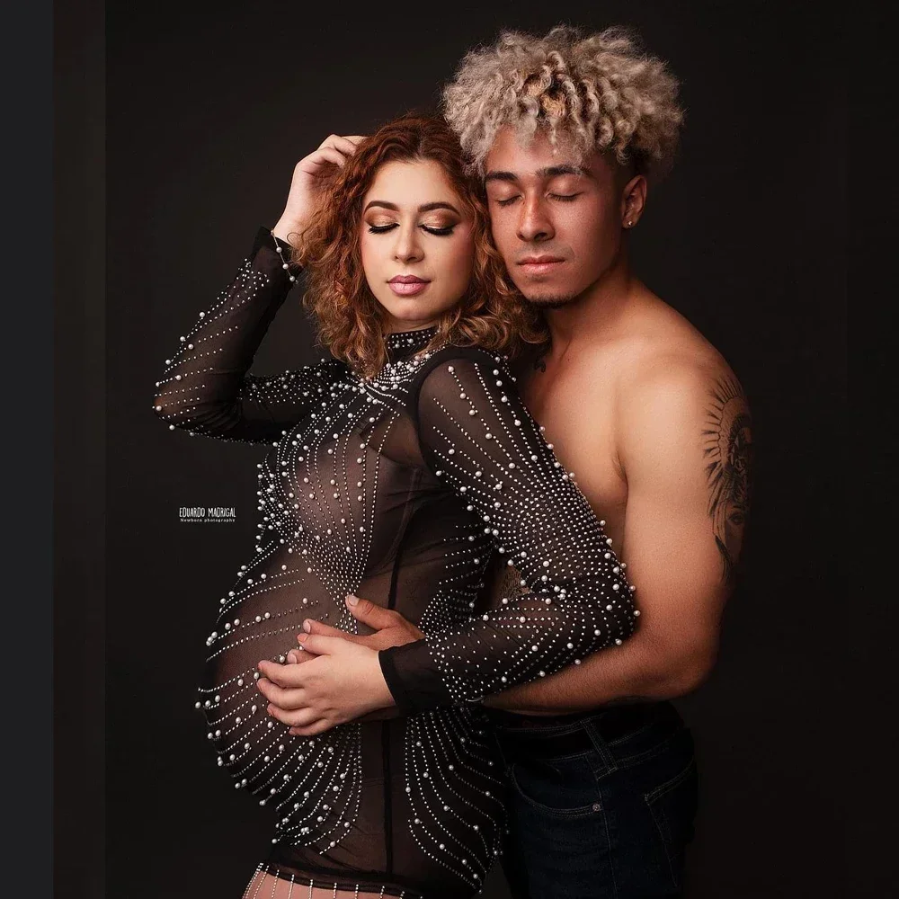 Maternity Photography Clothing Party Dresses Fashionable Sexy Elastic mesh Studded Pearl Fringed Dress For Pregnant Women Dress