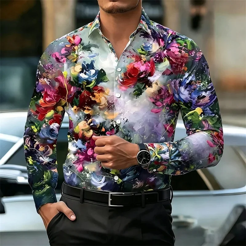 Men's Shirt with Retro Artistic Floral Print, Stylish Lapel, Long Sleeves, Business Casual, Trendy and Individualistic Style.