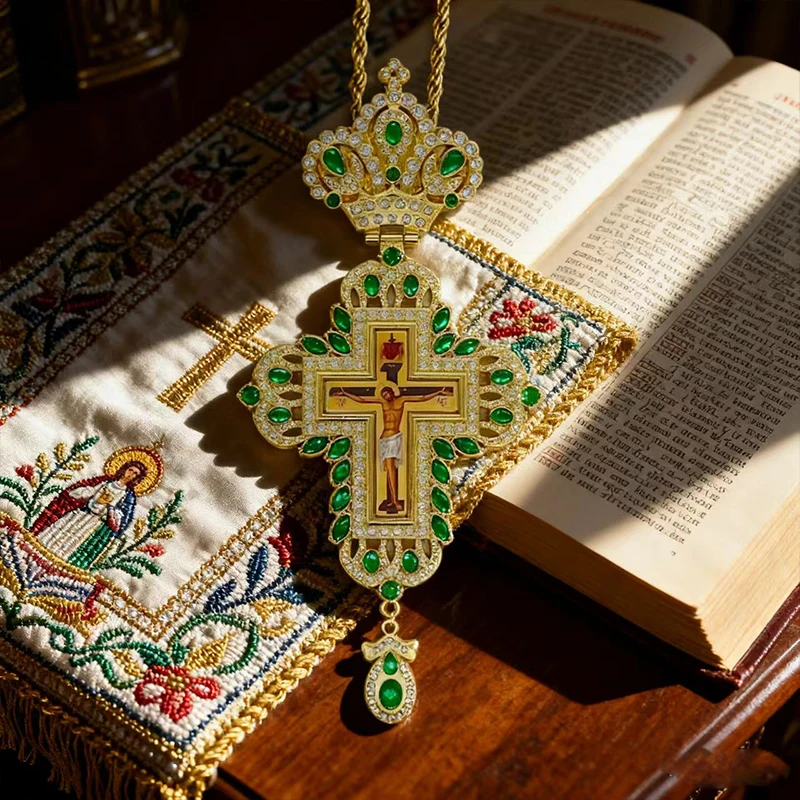 Luxuriöse Orthodoxe Brustkreuz-Halskette, Rote Kristallakzente mit Kruzifix-Ikone, Hochwertiger Liturgischer Schmuck für Kirchliche Sakramente – Detail 15