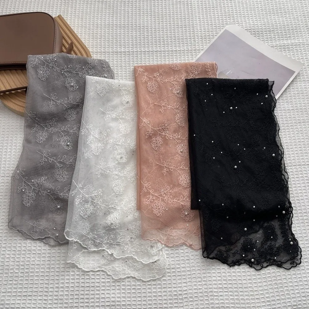 

Retro Lace Long Scarf Pearl Diamond-encrusted Small Flower Headscarf Tide Long Thin Headscarf Elegant Women