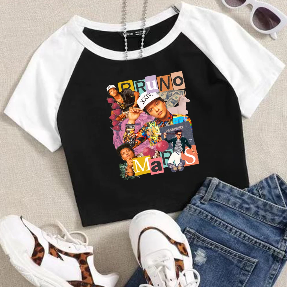 Bruno Mars Tour 2024 Crop Tops T-Shirt Women Girls Fashion O-Neck Short Sleeves Fans Gift Tops