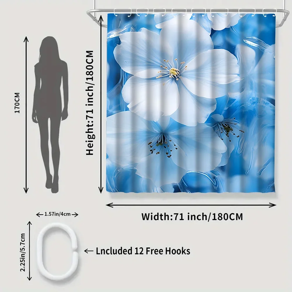 1/4 Set White Flower Shower Curtains, Toilet Seat Decoration, Shower Curtain with Carpet and Toilet Lid, 12 70.8x70.8 inch Hooks