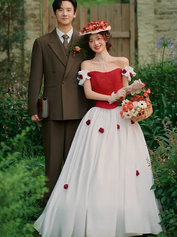 

Red One-Shoulder Wedding Dress Photography Studio New Arrival Bridal Morning Robe Travel Photography Vintage Style Women's Fa...