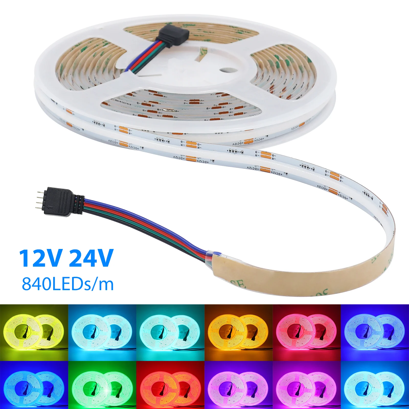 RGB COB LED Strip 12V 24V 840LEDs/m Flexible Ribbon Tape Dream Color 10mm Width FOB COB Lights RA90 High Density Linear Lighting