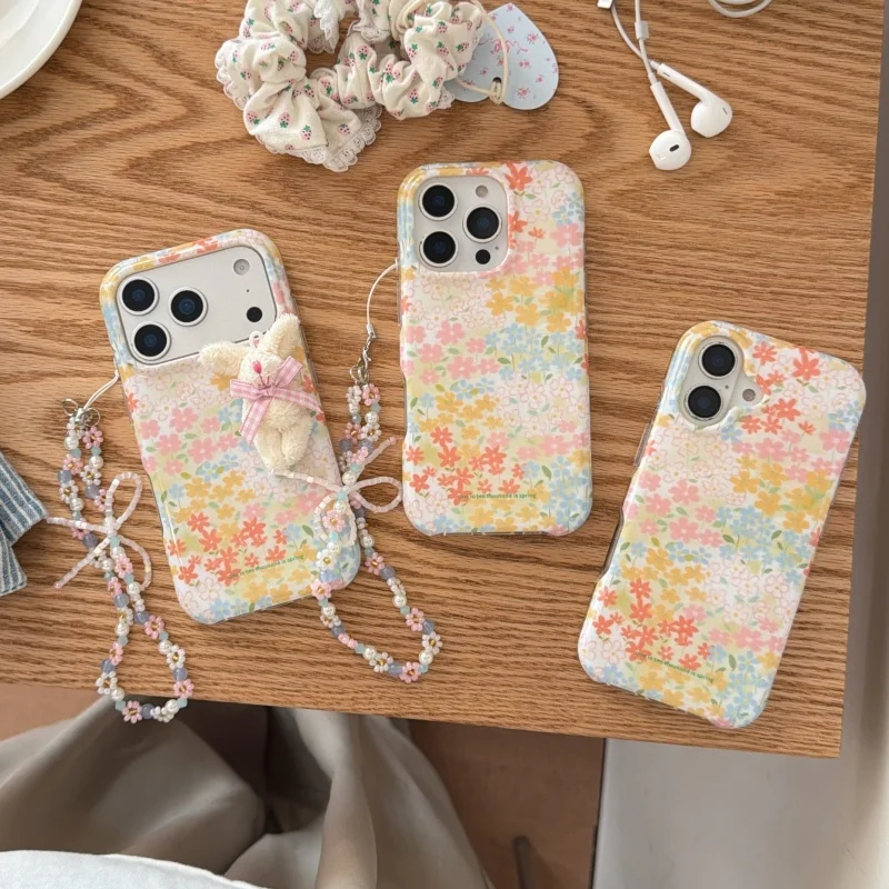 

Korean Cute 3D Plush Rabbit Color Flower Painting Phone Case For iPhone 17 Pro 14 15 16 Pro Max Cover with Chain Lovely Cases Fu