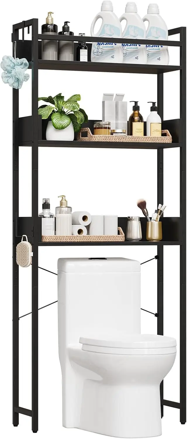 3-laags opbergrek voor boven de toiletpot, zwart metalen badkamerplank, geen boren nodig, ruimtebesparende organizer met haken voor de badkamer en de wasruimte.