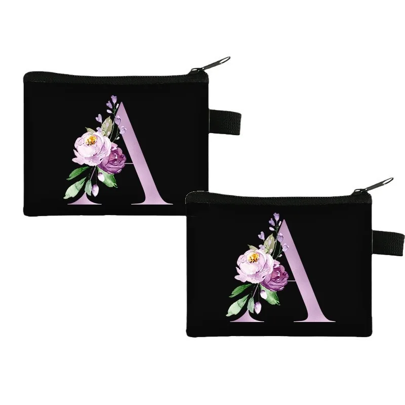 Monedero con diseño de letras y flores, estuche para monedas estampado, estuche para llaves, estuche de almacenamiento, bolsa de regalo publicitaria y promocional, billetera infantil