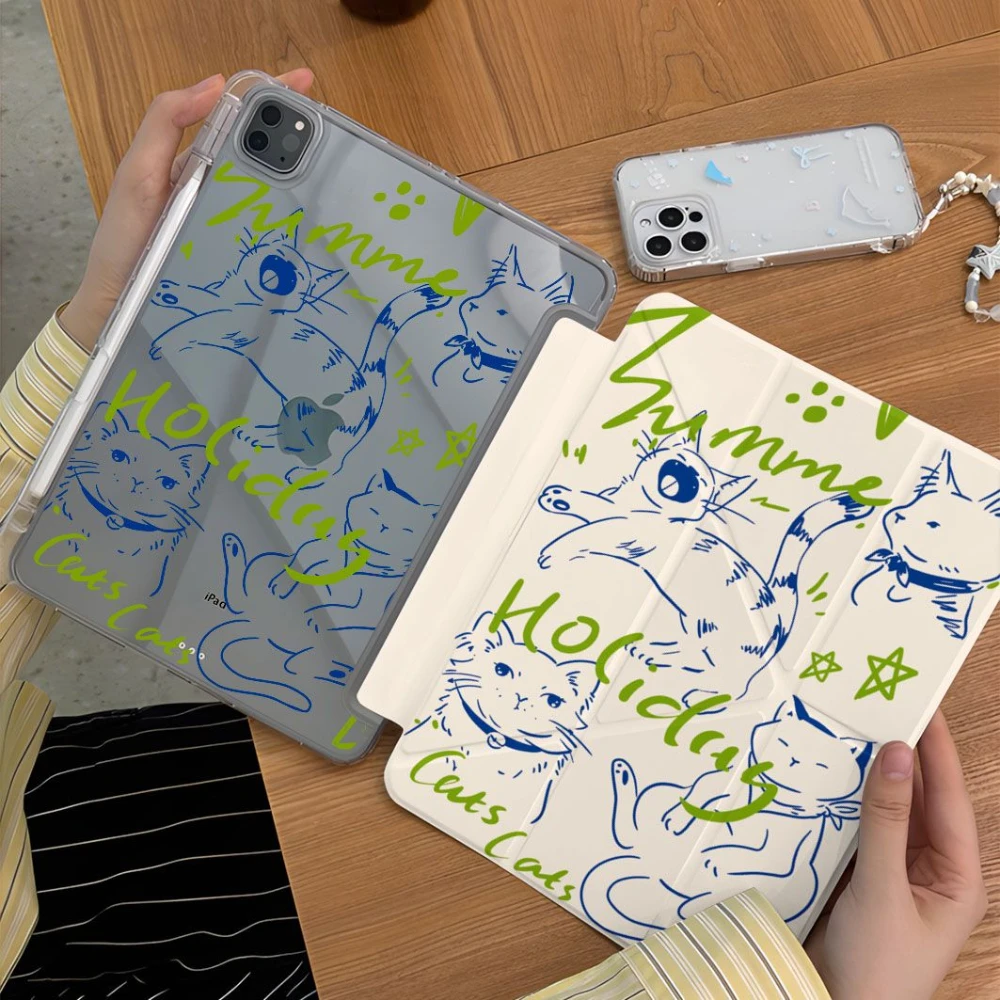 Funda para Tablet con Diseño de Gato y Perro en Estilo Line Art para iPad Pro 11 12.9 13 M2 M4 M3 M5, Carcasa para iPad 8.3 9.7 10.2 5/6/7/8/9/10/11th Air 2 3 4 5 6