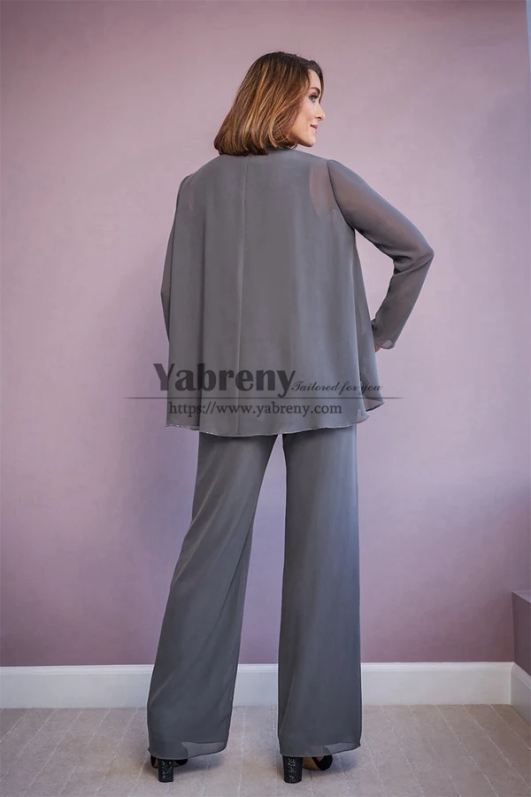 Pantalon trois pièces en mousseline de soie pour mère de la mariée, costume gris, tenues de printemps pour femmes, sous 100