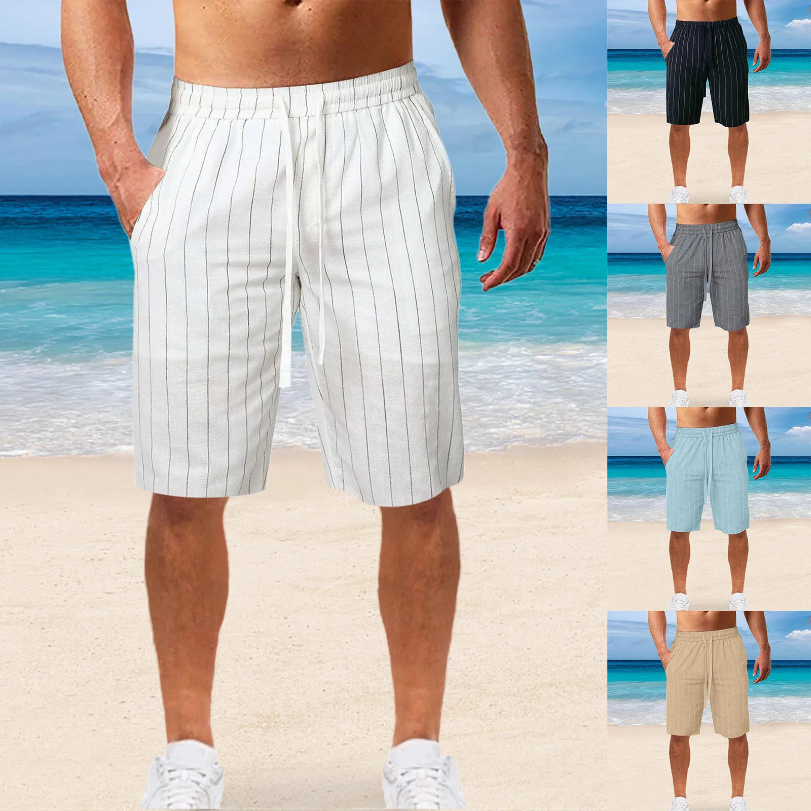 Men Striped Shorts Summer Male Casual High Elastic Waist Pocket Slim Half Pants YLX-106