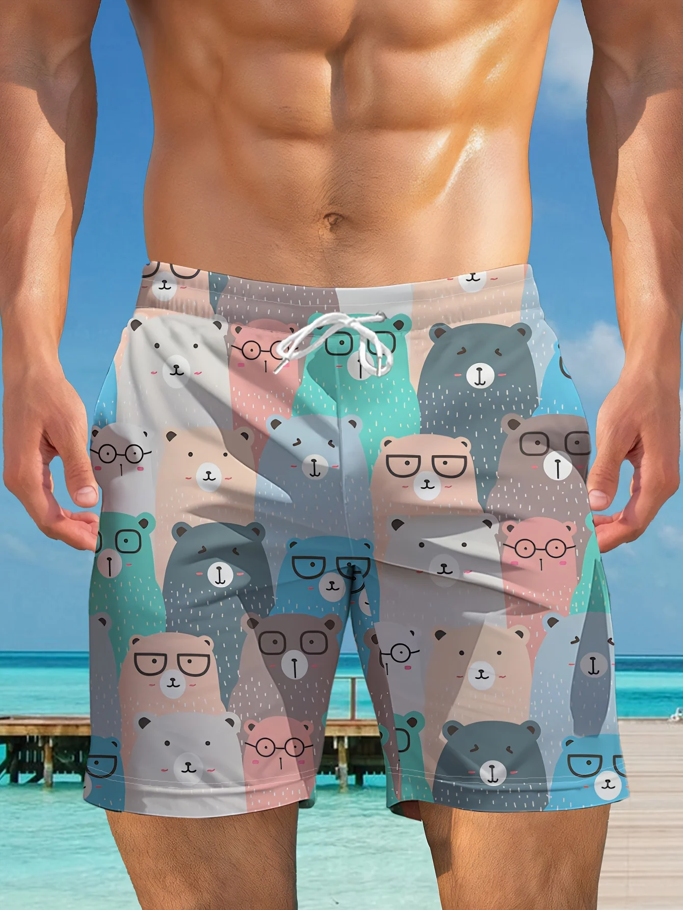 

Шорты с принтом Nerdy Bear в очках-2025 Модные пляжные шорты-Летние мужские быстросохнущие дышащие шорты-обычные для больших размеров