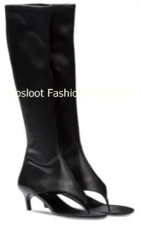 Fashion Women Hidden Zipper Clip Toe 5 CM Heels Thong Boots Ladies Summer Elastic Knee High Slim Long Boots Shoes Size 43