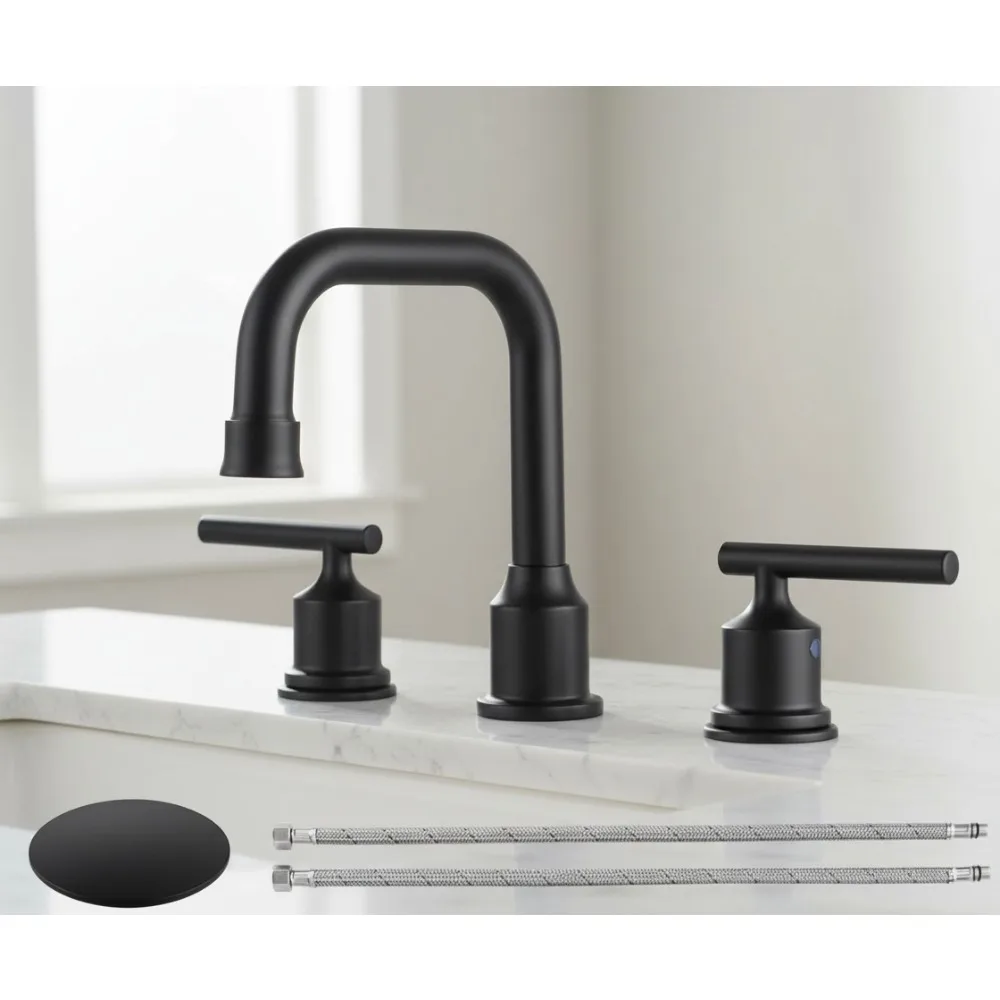 

8 Inch Black Bathroom Faucet 360° Swivel Spout Dual Handle Widespread Basin Sink Tap Easy Installation