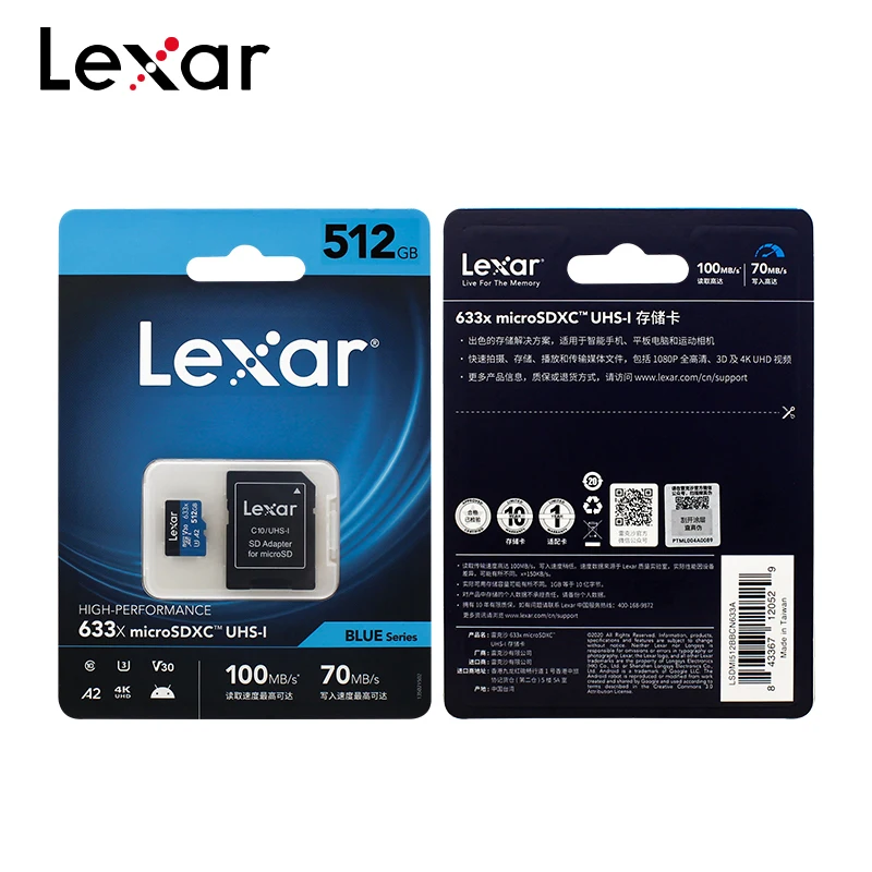 Original Lexar 633x Micro SD Card 512GB 256GB 128GB 64GB 32GB Memory Card  Up to 100MB/s Read A2/A1 microSDHC/microSDXC TF Card