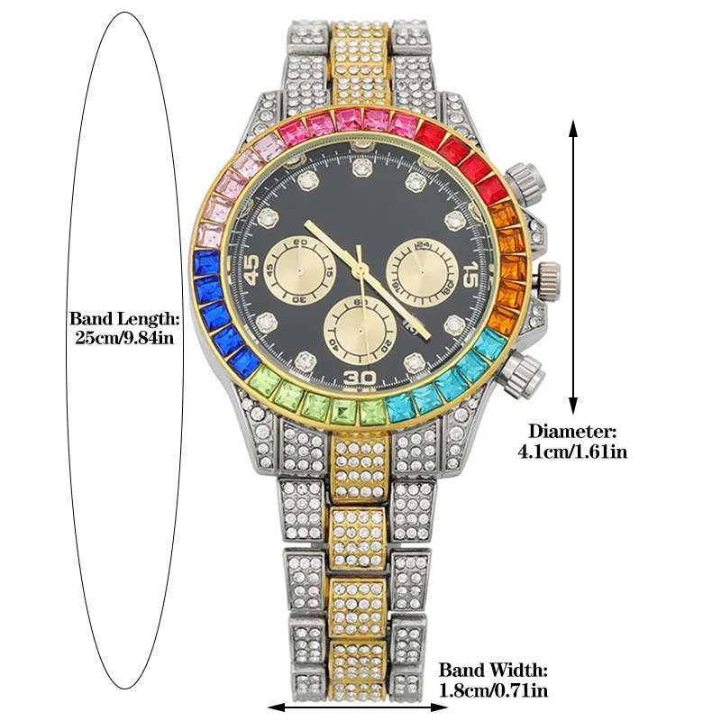 3pcs Hip-hop Men\'s Watch Set Stylish Gold&Silver Inlaid Colorful Diamonds Watch+Cuban Chain+Bracelet Trend Punk Jewelry Gift Set