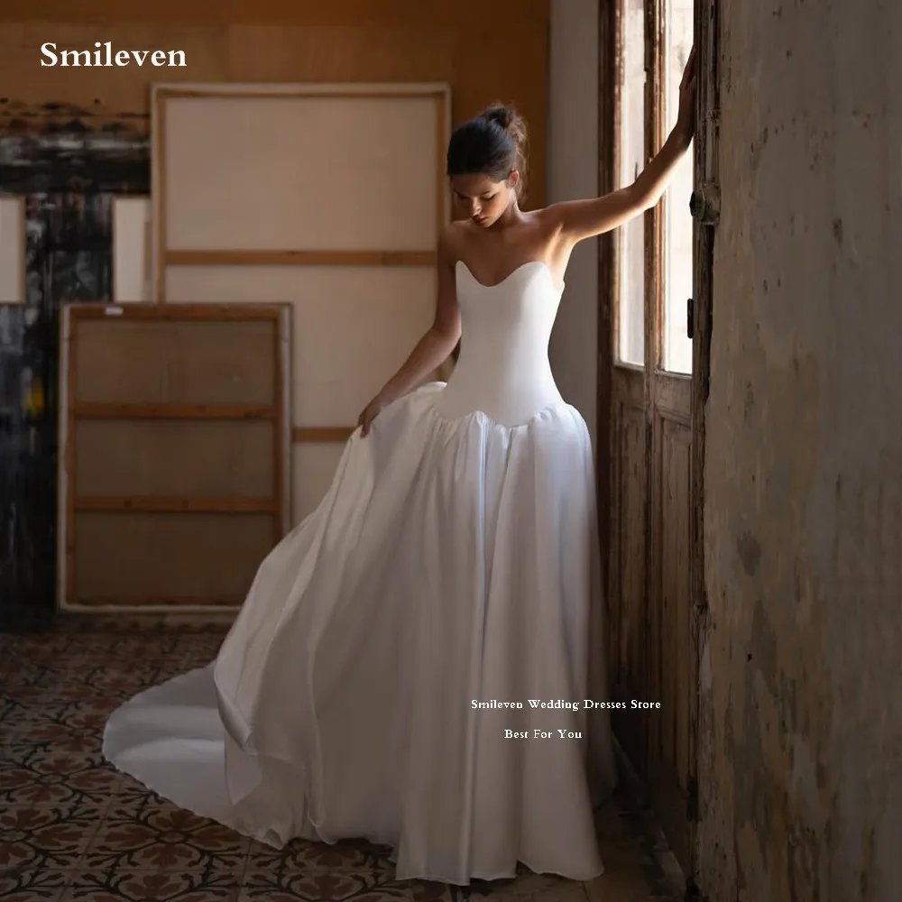 

Smileven Simple Satin A Line Wedding Dress Sleeveless V Neck Bride Dresses Vestido de novia Soft Wedding Gowns Customized