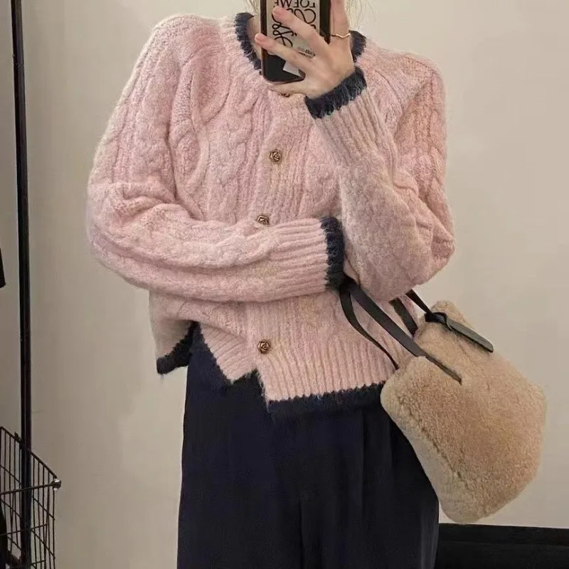 Deeptown Korean Style Pink Sweater Women Autumn Long Sleeve Knit Cardigan Old Money Vintage Loose Knitwear Female Aesthetic