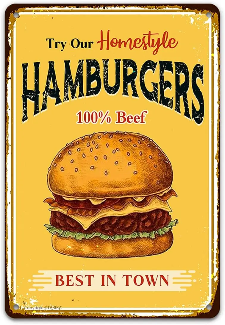 Hamburgers Tin Signs, Try Our Homestyle Best in Town Vintage Metal Sign for Men Women, Wall Decor Bars, Resta