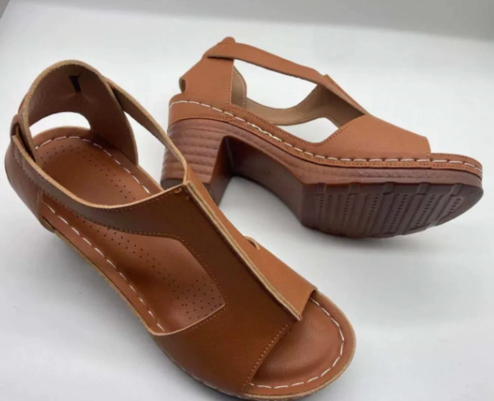 Summer Woman Sandals PU Buckle Strap Round head Shallow Comfy Soft Retro Thick heel Zapatos De Mujer Women Shoes Size 36-43
