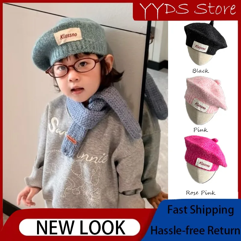 Autumn Winter Kids Knit Beret Hat Korean INS Letter Patch Girls Painter Beanie Warm Soft Yarn Casual Fashion Headwear
