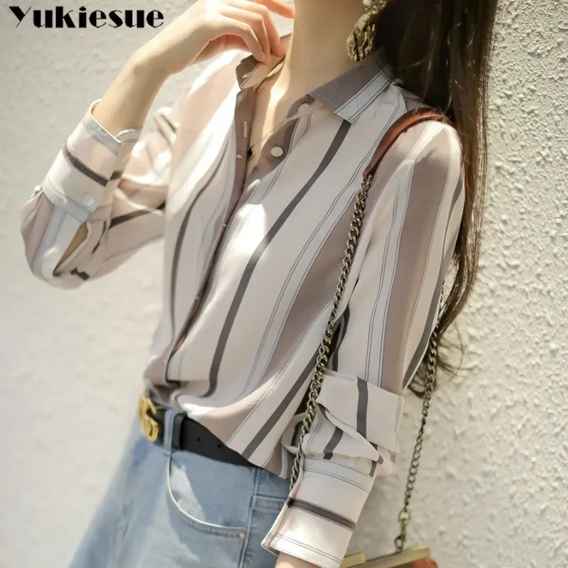 

Летняя полосатая женская рубашка с длинными рукавами, блузка для женщин, женские топы и блузки, шифоновые рубашки, женская верхняя одежда