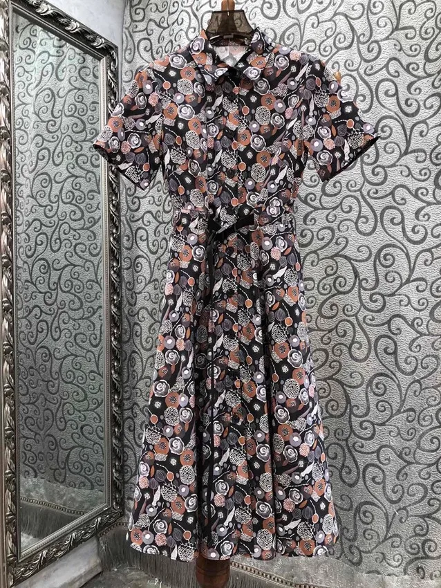 

Newest Fashion Summer Dress 2024 High Quality Clothes Women Turn-down Collar Vintage Print Belt Deco Short Sleeve Dress Runway