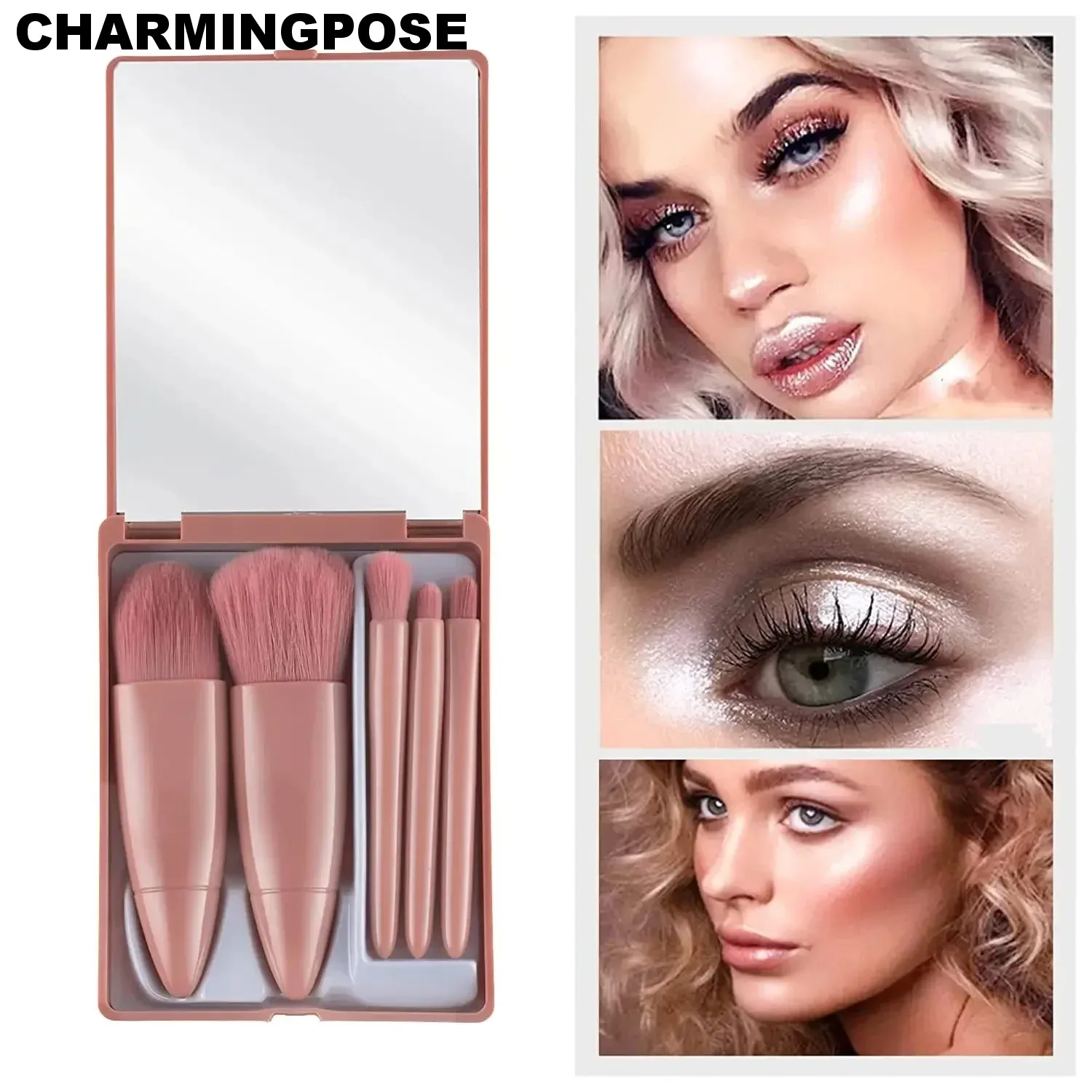 ชุดแปรงแต่งหน้าขนาดเล็ก 5 ชิ้นพร้อมกระจก - ชุดแปรงเครื่องสำอางสำหรับเดินทางแบบพกพา ดีไซน์ขนาดเท่าฝ่ามืออเนกประสงค์สำหรับการแต่งหน้าแบบเร่งด่วน, O