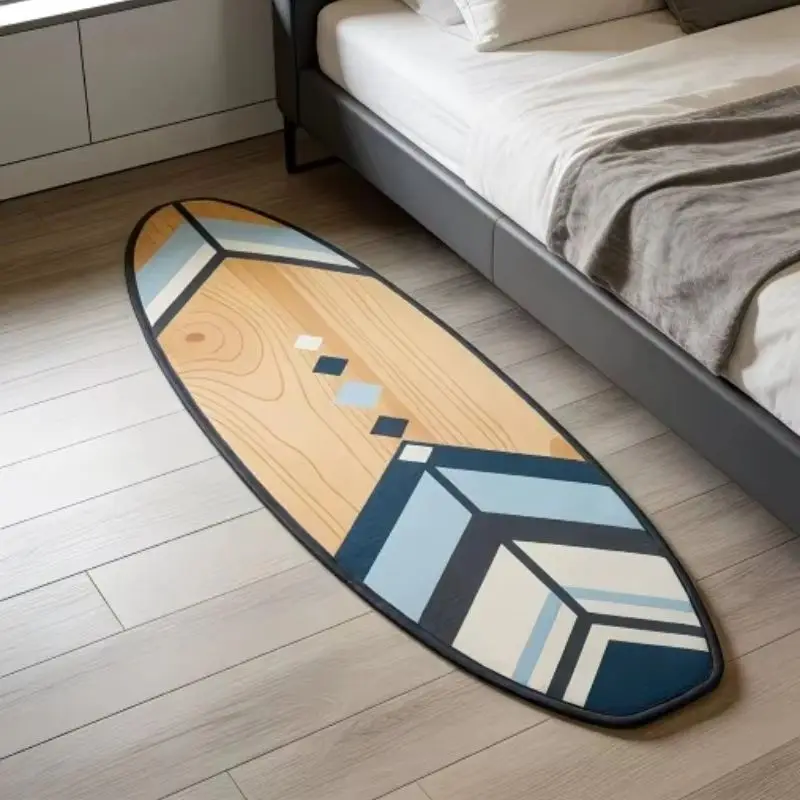 VIKAMA Cool Surfboard Wood Grain Plush Rug Non‑Slip Washable Geometric Bedside Floor Mat For Bedroom Home Decor