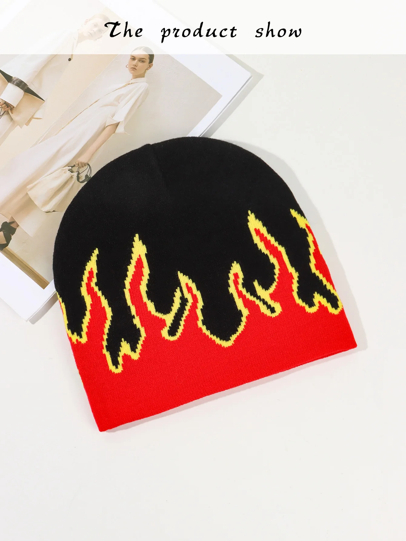 Fashion Acrylic All Over Flame Pattern Beanie Caps Custom Winter Knitted Hat Printed Jacquard Beanies