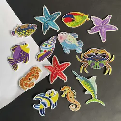 5PC,13PC Underwater World Animals,Cartoon Starfish,Shark,Seahorse Fabric Applique Embroidery Iron On Patches,DIY Sewing Supplies