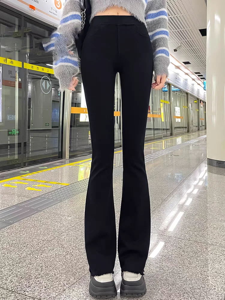 Plush Velvet Lined Korea Black Flare Pants Winter High Waist Slim Casual Lift Pants Spodnie Fashion Elegant Women Pantalones