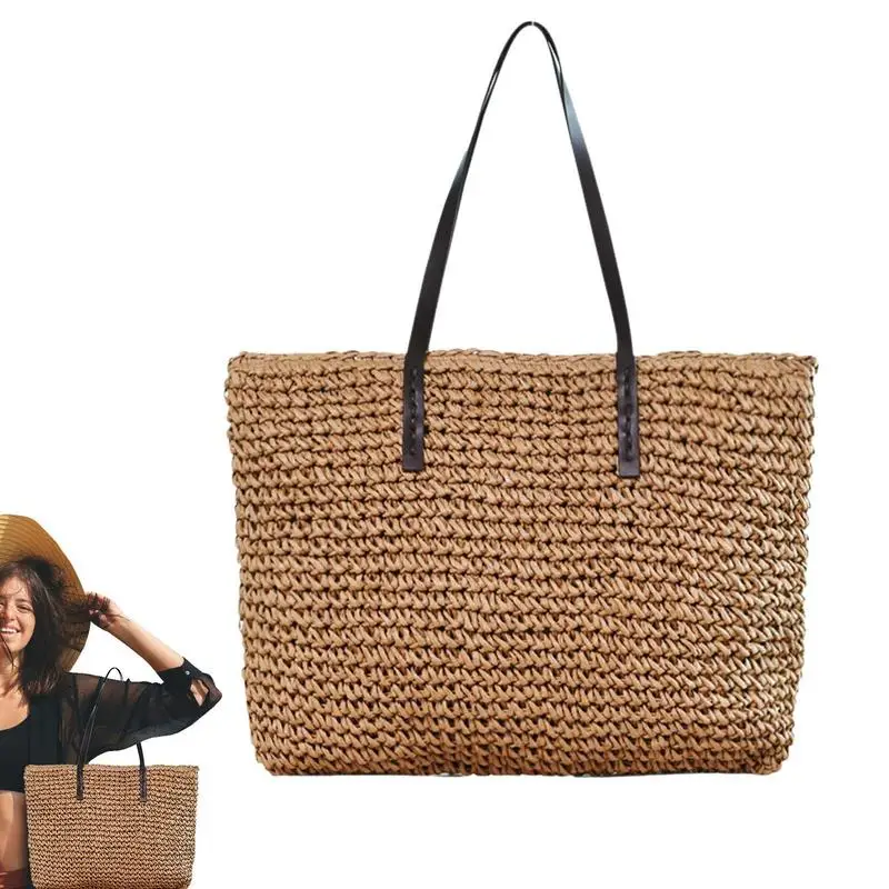 Bolsos de mano de paja tejida a mano para mujer, bolso de playa Vintage, cesta de mimbre, bolso de hombro de vacaciones con cremallera para niñas, Verano