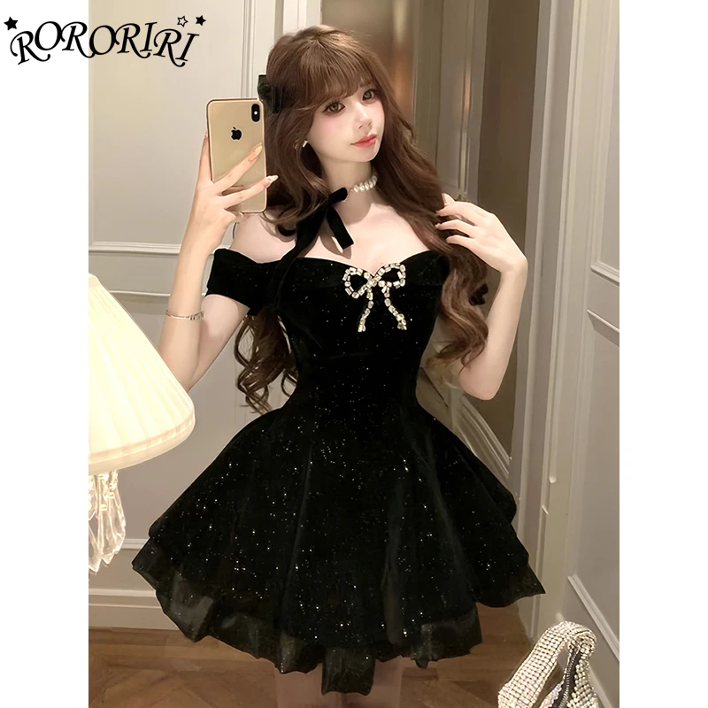 RORIRI بريق الماس القوس منتفخ فستان قصير المرأة خارج الكتف خمر الأسود المخملية سليم فستان الأميرة عيد ميلاد ملابس للحفلات