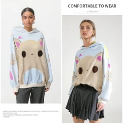 Women clothing stitch Subculture Kawaii Cats Printed Hooded T-shirt Autumn New Y2k Cute Blouse Oversized Easy Leisure Young