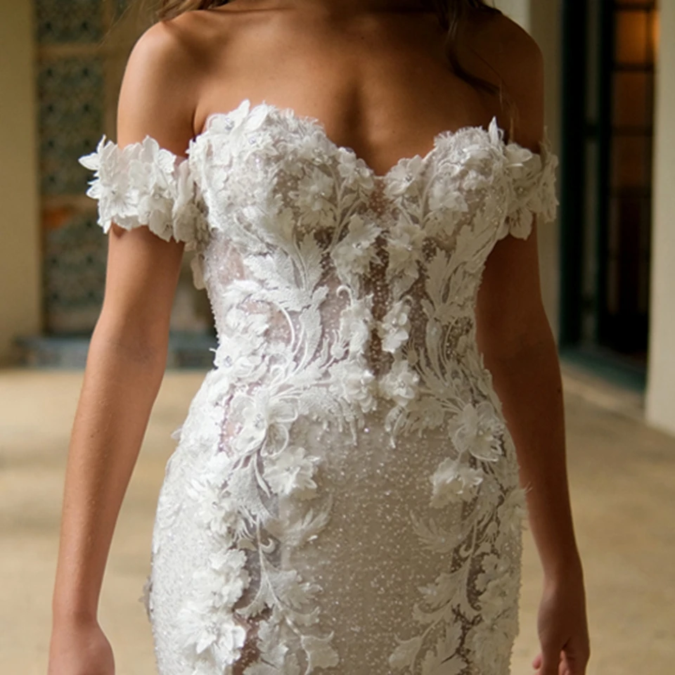 매력적인 스위트하트 오프숄더 스팽글 웨딩드레스 2025 머메이드 플로어 길이 코트 트레인 튤 아플리케 브라이덜 가운