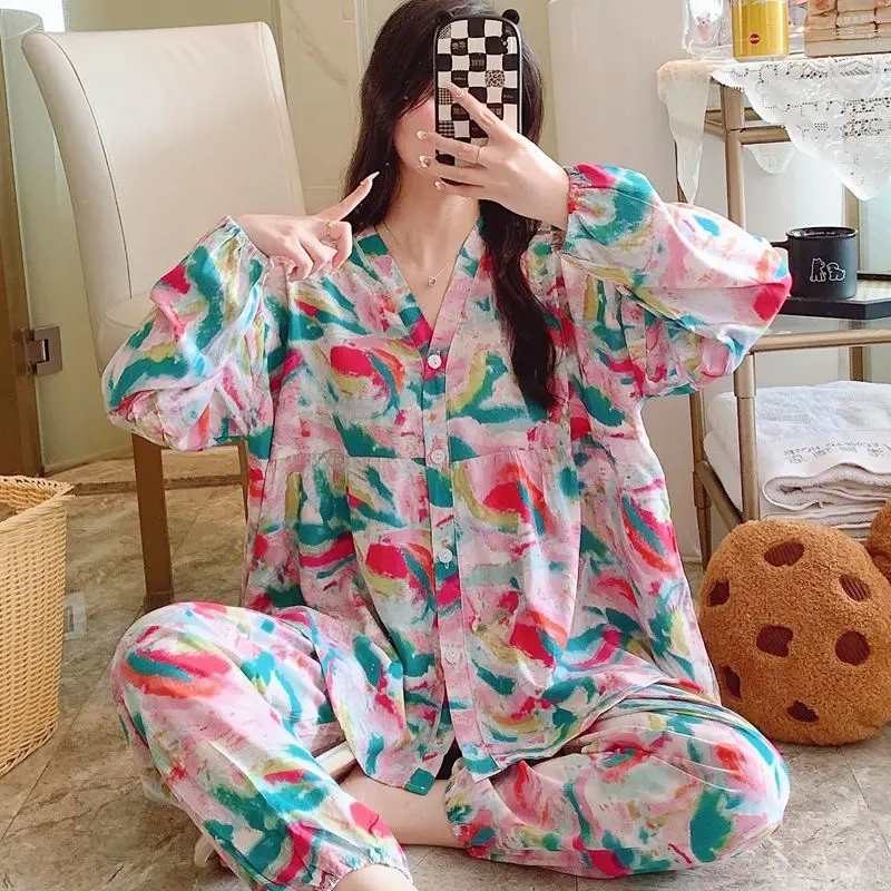 Cotton Silk Pajamas Women Spring Autumn Long Sleeve Summer Thin Silk Home Dress Rayon Cotton Set Cool Feeling Fat M Large Size