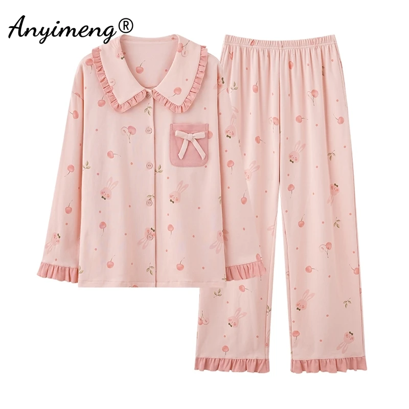 New Autumn Winter Cotton Pajamas for Women Lapel Cute Girl Homewear Long Sleeve Princess Sleepwear Floral Print Loungewear