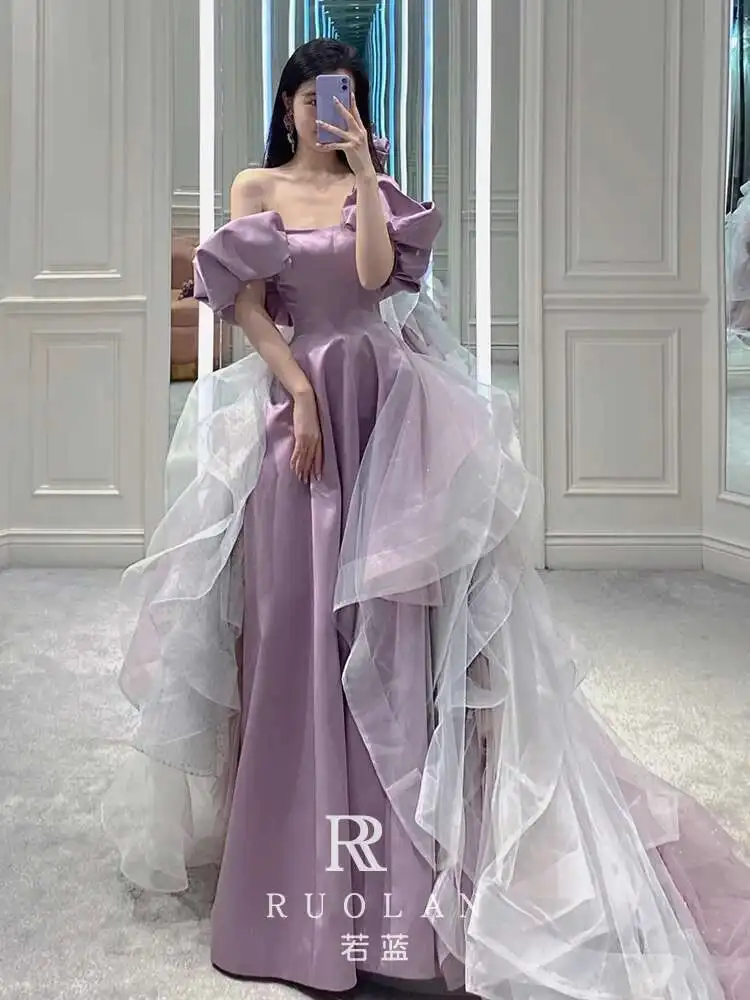 

Elegant Evening Dress 2025 New Off-Shoulder Light Luxury High-End Socialite Banquet Host Dress for Women Purple
