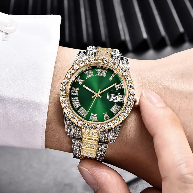 2 Pcs Watch+bracelet Hip Hop Stainless Steel Gold Color Calendar Watch For Men Iced Out Paved Rhinestones Men Watch Reloj Hombre